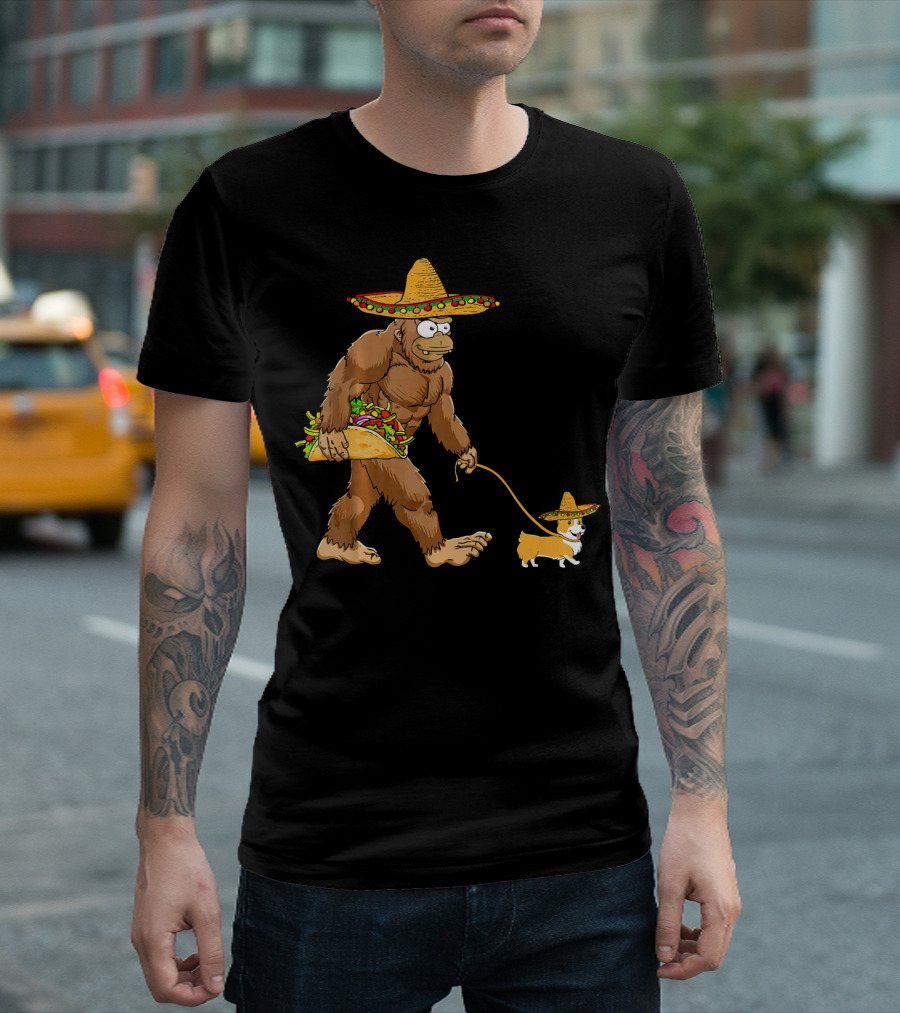Bigfoot Sombrero Taco Corgi Dog Cinco De Mayo T-Shirt