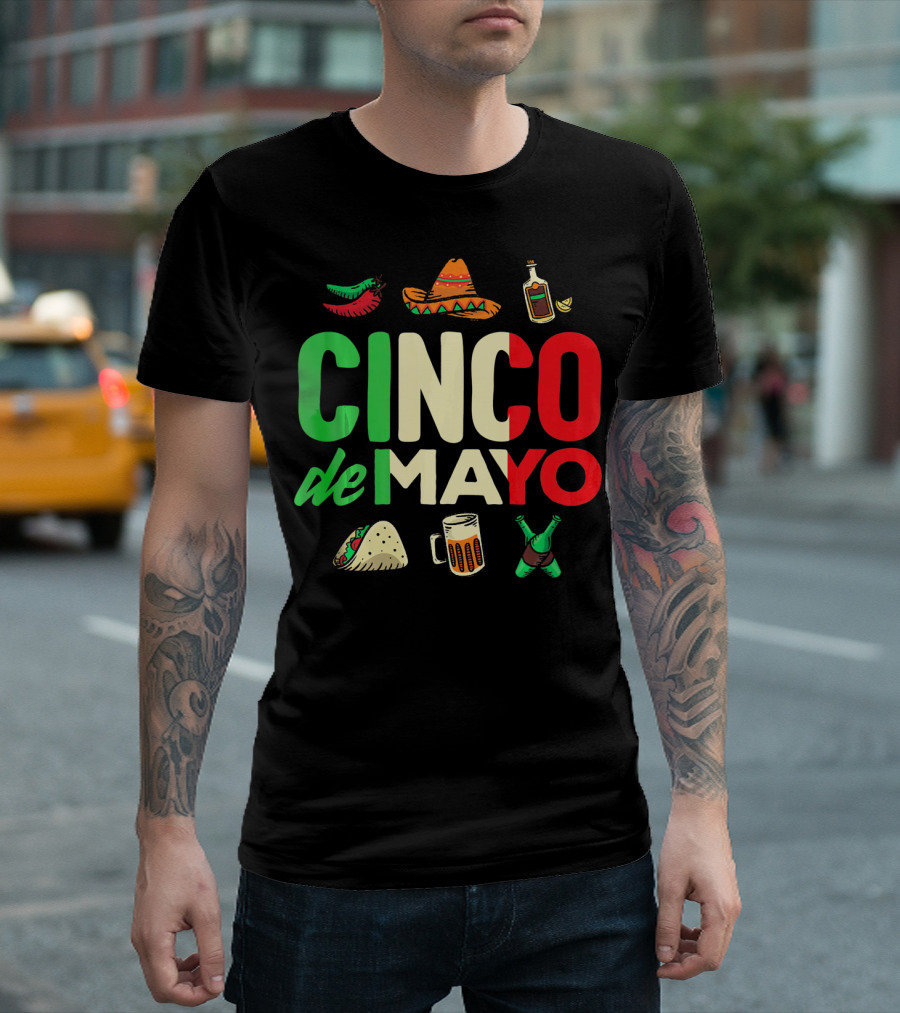 Cinco De Mayo Fiesta Sombrero Taco Beer Bottle Peppers T-Shirt