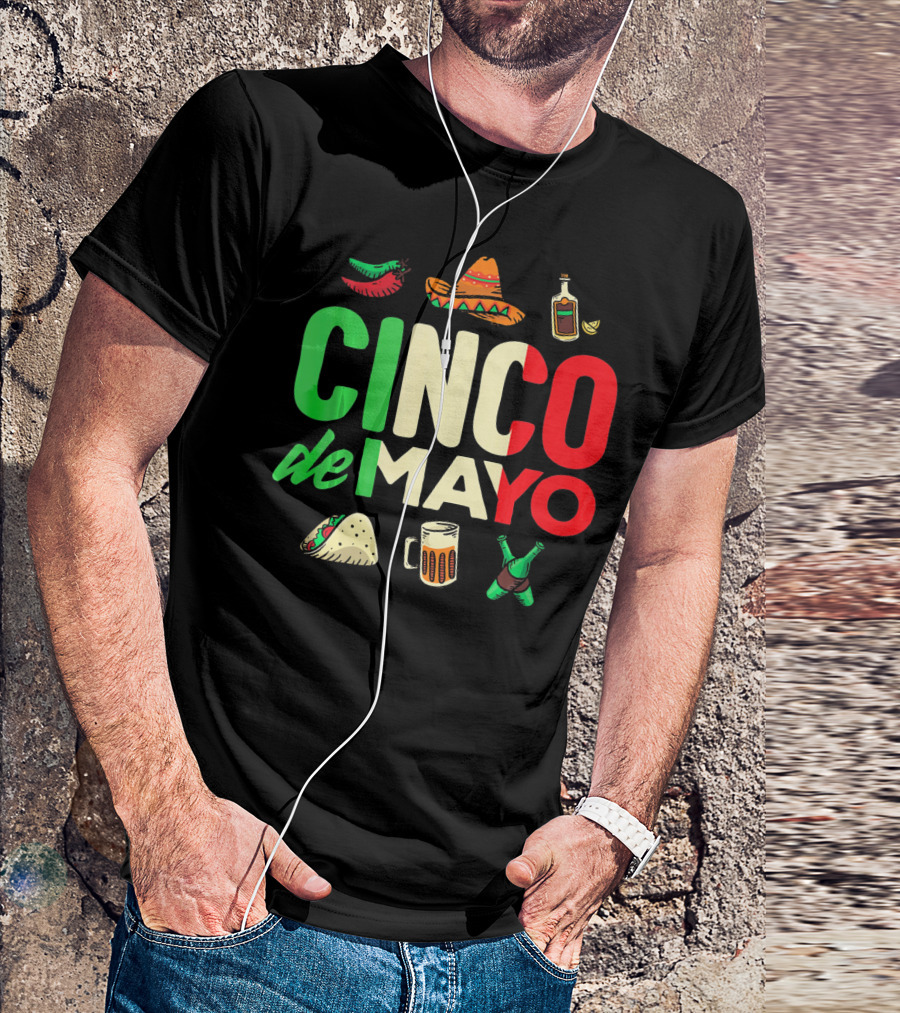 Cinco De Mayo Fiesta Sombrero Taco Beer Bottle Peppers T-Shirt