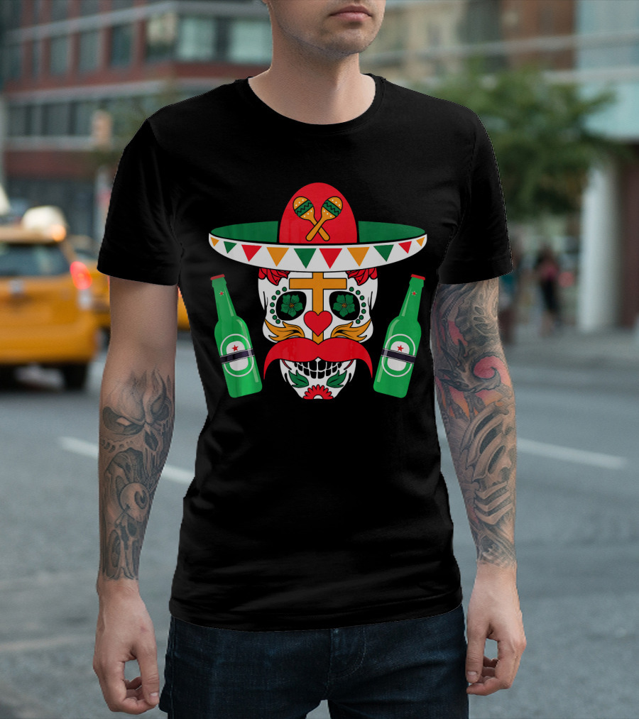 Cinco De Mayo Sugar Skull With Sombrero Maracas And Beer Bottles Mexi T-Shirt