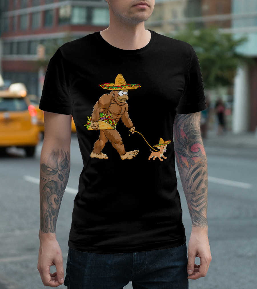 Bigfoot Taco Sombrero Chihuahua Dog Walking Cinco de Mayo T-Shirt