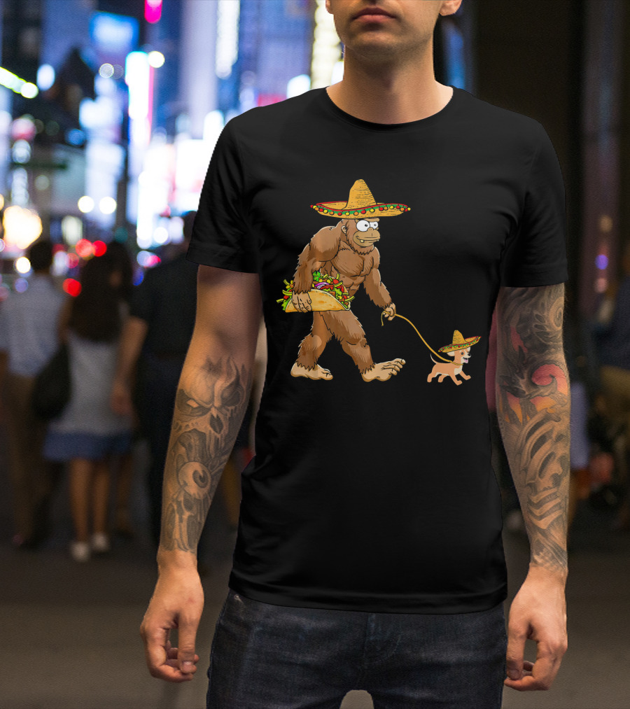 Bigfoot Taco Sombrero Chihuahua Dog Walking Cinco De Mayo T-Shirt