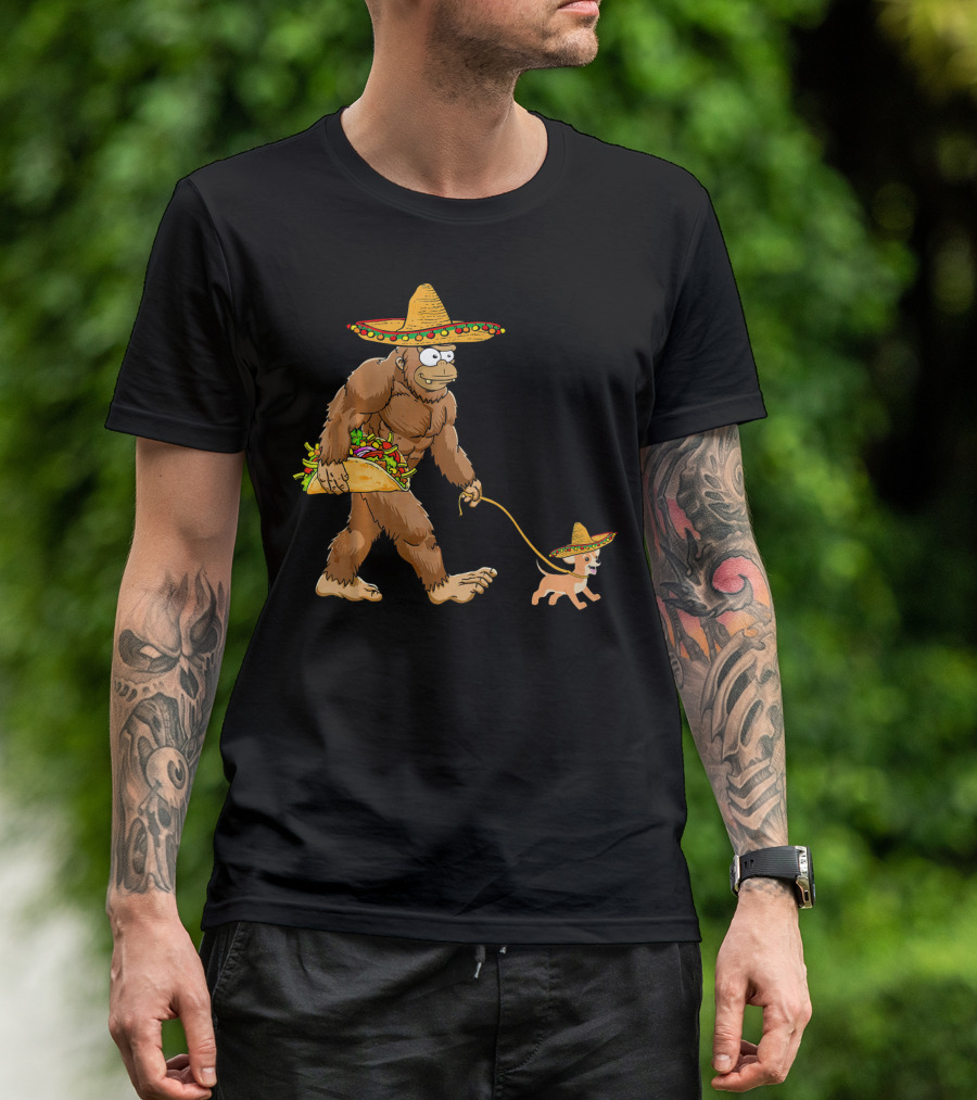 Bigfoot Taco Sombrero Chihuahua Dog Walking Cinco De Mayo T-Shirt