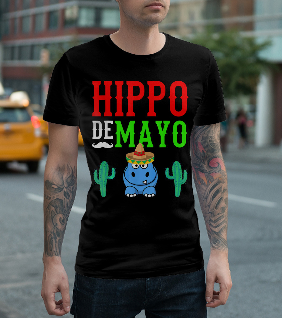Hippo De Mayo Funny Mexico Fiesta With Sombrero Cactus T-Shirt