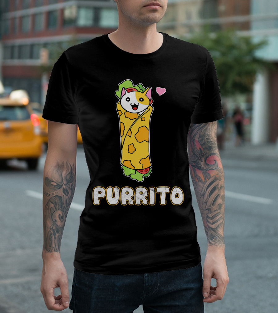 Purrito Kitten Wrapped In Burrito With Heart And Taco Cat Expression T-Shirt