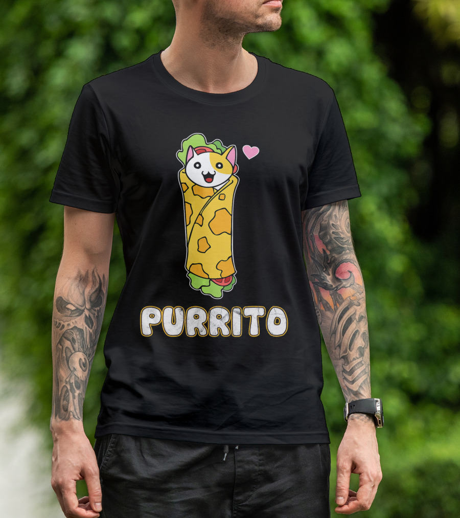 Purrito Kitten Wrapped In Burrito With Heart And Taco Cat Expression T-Shirt