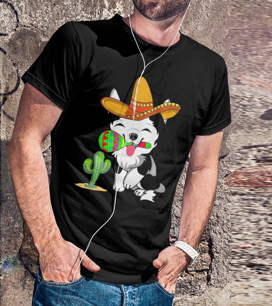 Cute Husky Dog With Sombrero And Maracas Cinco De Mayo 5th Of May T-Shirt