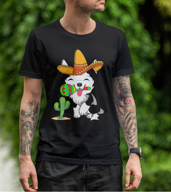 Cute Husky Dog With Sombrero And Maracas Cinco De Mayo 5th Of May T-Shirt