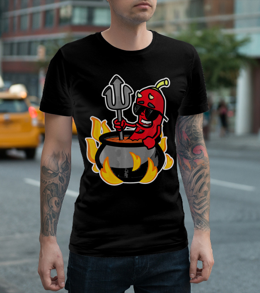Funny Chili Pepper Devil In Fiery Pot Cinco De Mayo T-Shirt