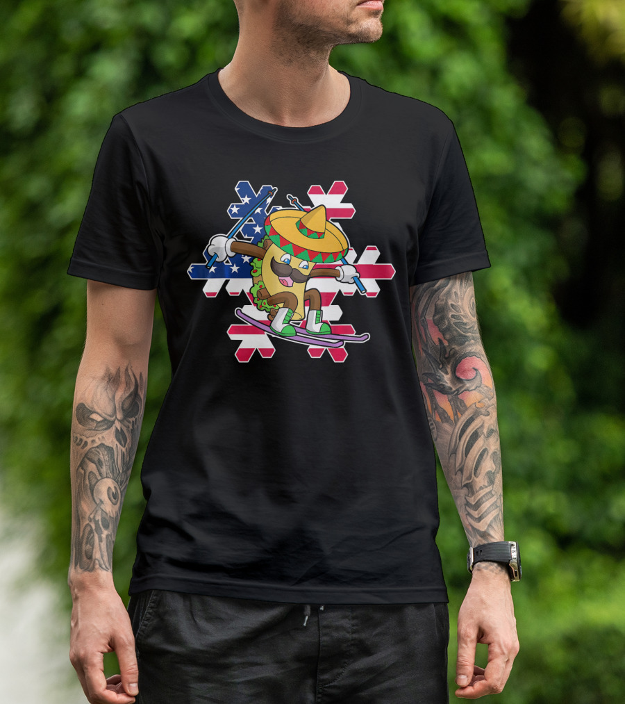 Taco Skiing Sombrero Cinco De Mayo Mexican American Flag Snowflakes T-Shirt