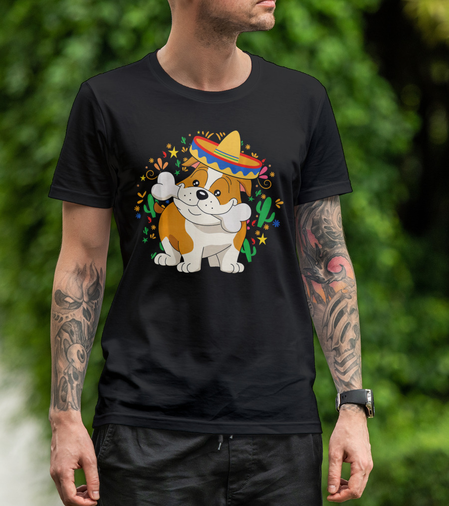 Bulldog Puppy In Sombrero With Bone And Cactus Cinco De Mayo T-Shirt