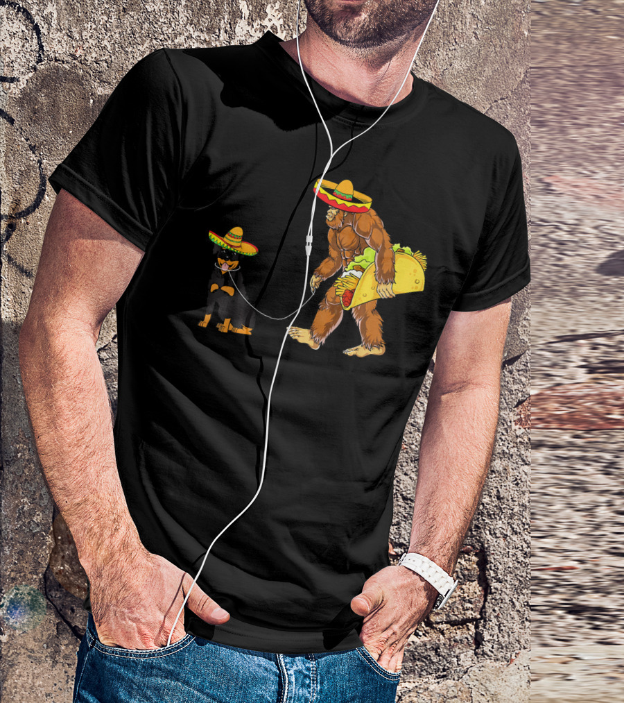 Cinco De Mayo Bigfoot Walking Rottweiler Taco Sombrero T-Shirt