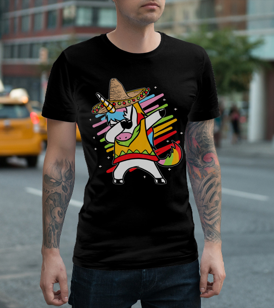 Dabbing Unicorn Cinco de Mayo Sombrero Rainbow Mexican Colors T-Shirt