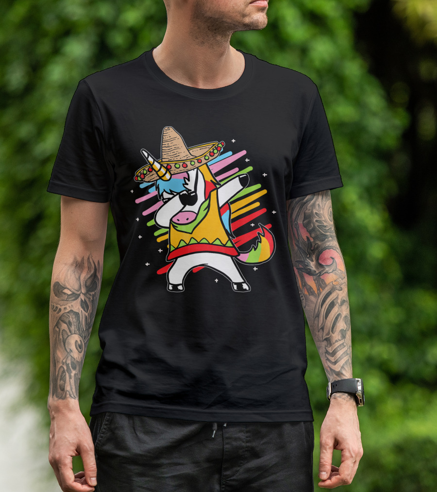 Dabbing Unicorn Cinco De Mayo Sombrero Rainbow Mexican Colors T-Shirt