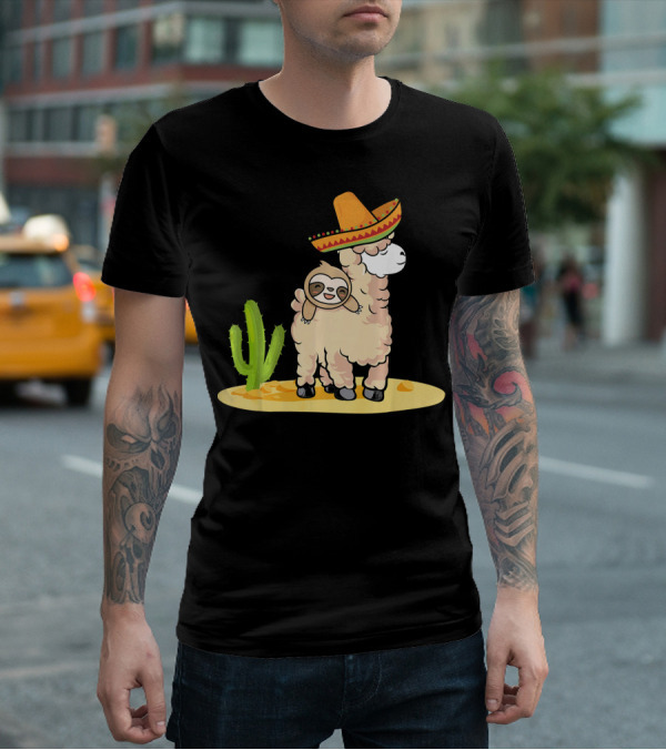 Cinco De Mayo Mexican Llama Sloth Riding Sombrero Cactus Desert Scene T-Shirt