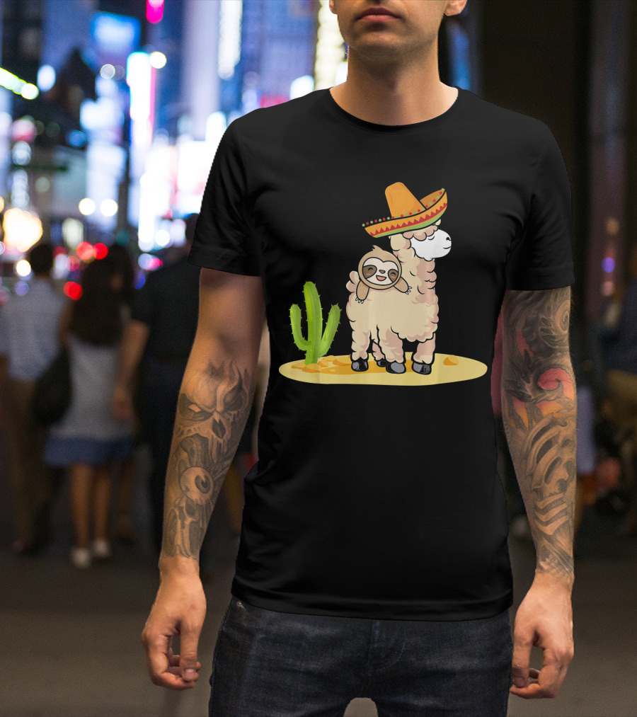 Cinco De Mayo Mexican Llama Sloth Riding Sombrero Cactus Desert Scene T-Shirt