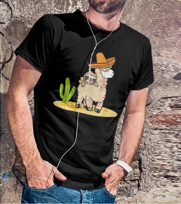 Cinco De Mayo Mexican Llama Sloth Riding Sombrero Cactus Desert Scene T-Shirt