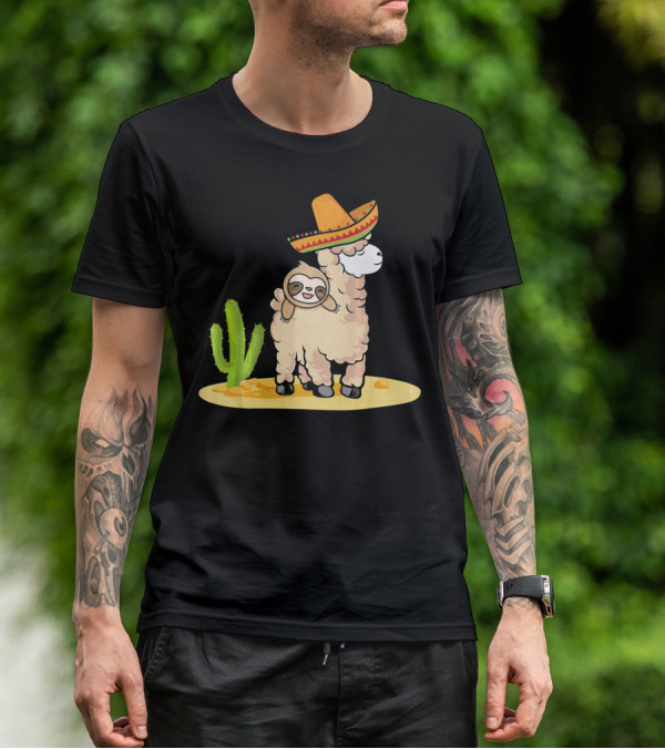 Cinco De Mayo Mexican Llama Sloth Riding Sombrero Cactus Desert Scene T-Shirt