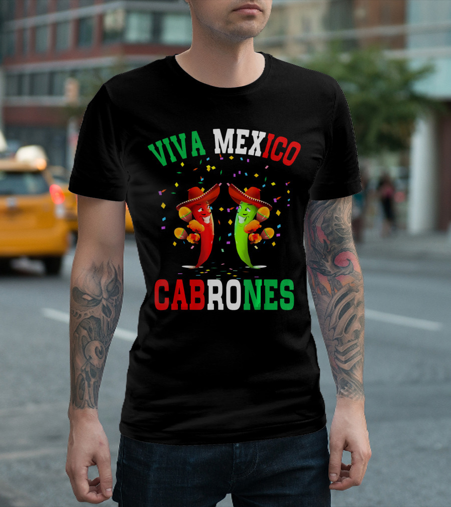 Viva Mexico Cabrones Red Green Chili Peppers Sombreros Confetti T-Shirt