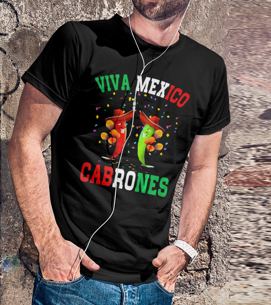 Viva Mexico Cabrones Red Green Chili Peppers Sombreros Confetti T-Shirt