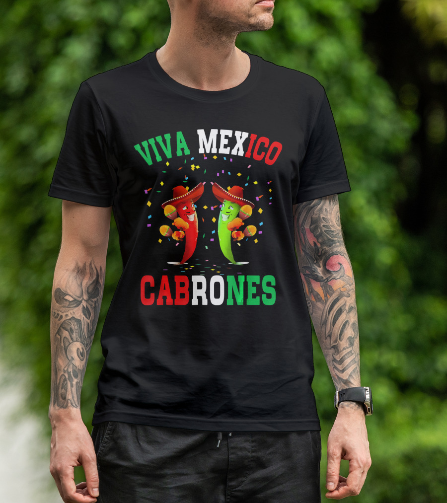 Viva Mexico Cabrones Red Green Chili Peppers Sombreros Confetti T-Shirt