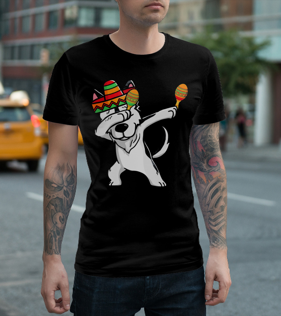Dabbing Husky With Sombrero And Maracas Funny Cinco De Mayo T-Shirt