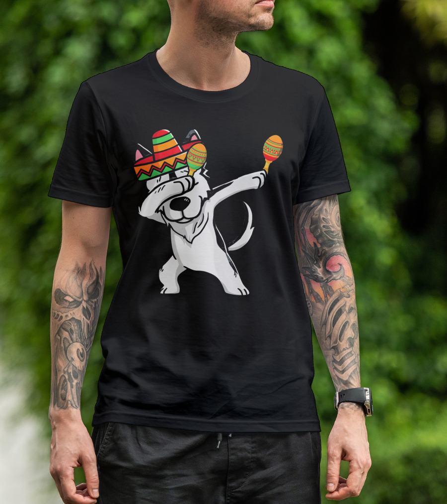 Dabbing Husky With Sombrero And Maracas Funny Cinco De Mayo T-Shirt