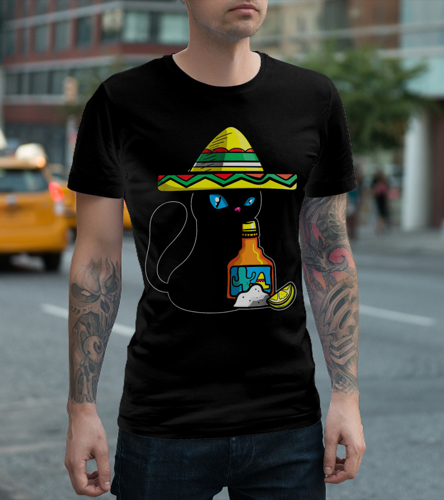 Cinco De Mayo Women with Cat in Sombrero Holding Tequila and Lime T-Shirt