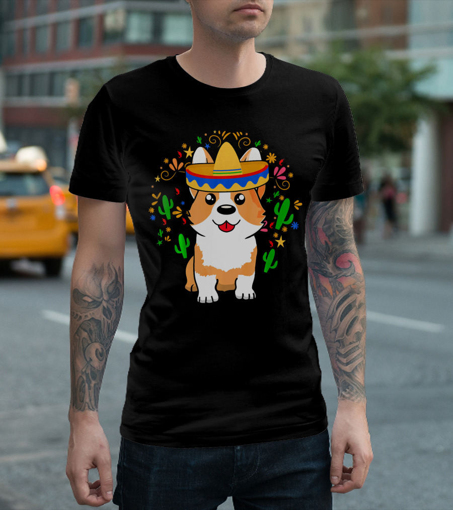 Cinco de Mayo Corgi Dog with Sombrero and Cacti T-Shirt