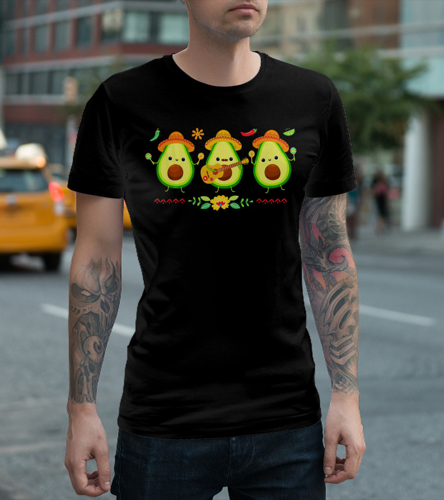 Cinco De Mayo Avocado Trio with Sombreros and Maracas T-Shirt