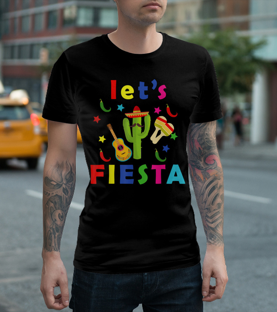 Let's Fiesta Mexican Guitar Cactus Cinco de T-Shirt