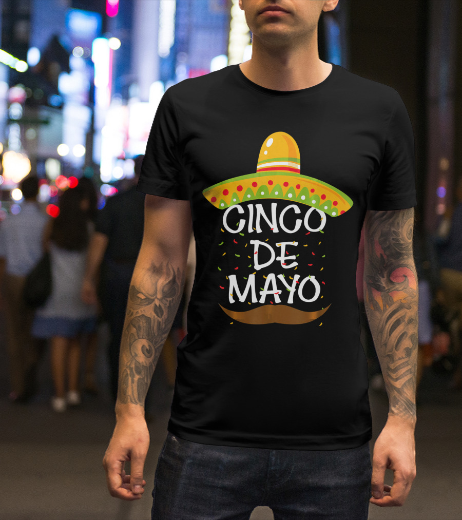 Cinco De Mayo Sombrero Celebration With Mustache And Confetti T-Shirt