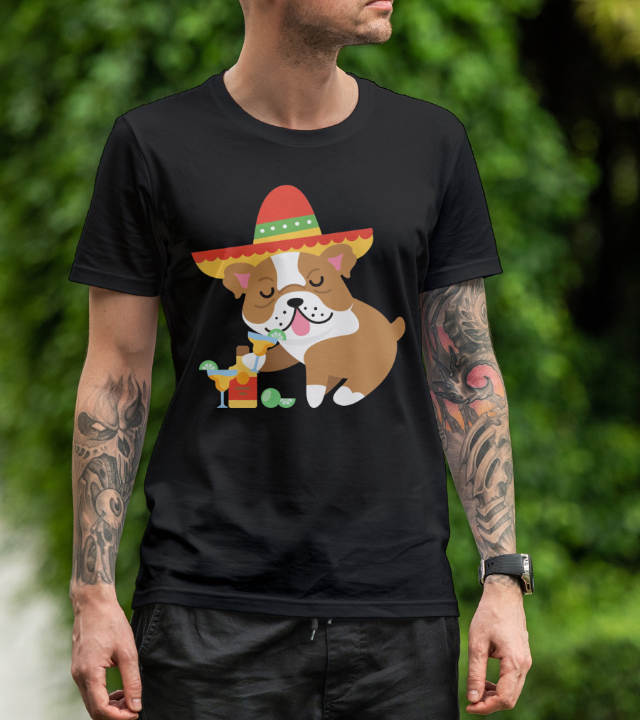 Bulldog Margarita Funny Mexican Sombrero Dog Cinc Party T-Shirt