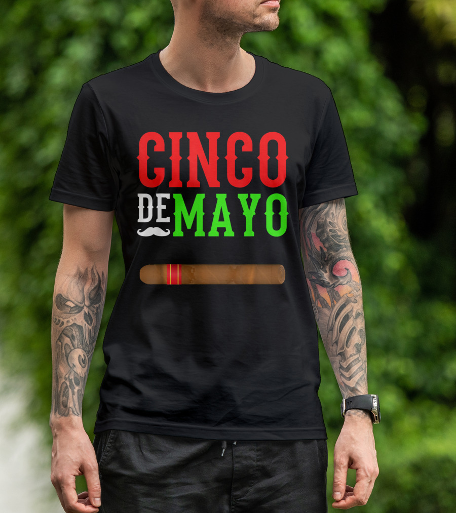 Cinco De Mayo Cigar With Mustache Graphic Funny Mexico T-Shirt