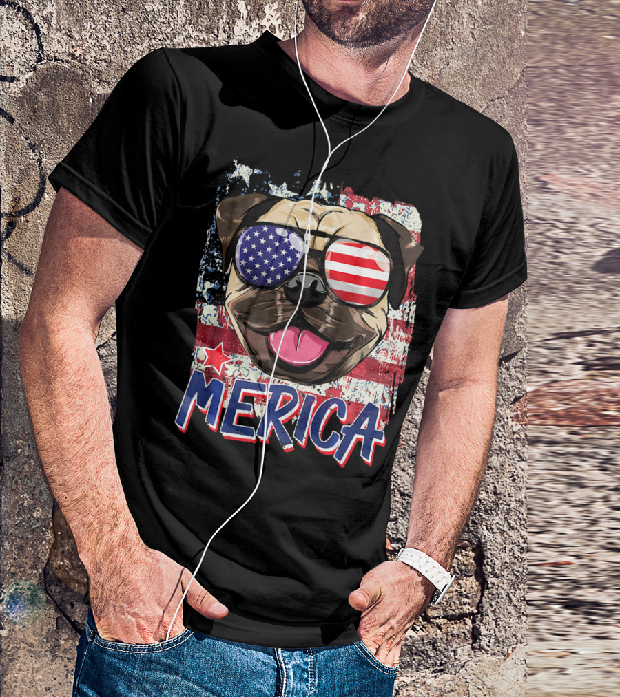 American Flag Pug Dog Merica Sunglasses USA T-Shirt