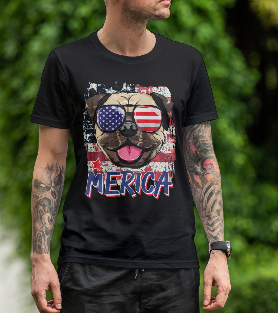 American Flag Pug Dog Merica Sunglasses USA T-Shirt