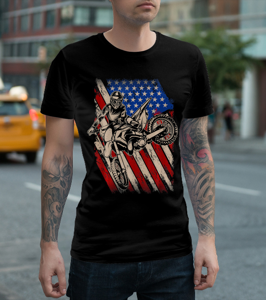 Vintage Dirt Bike Motocross With American Flag Background T-Shirt
