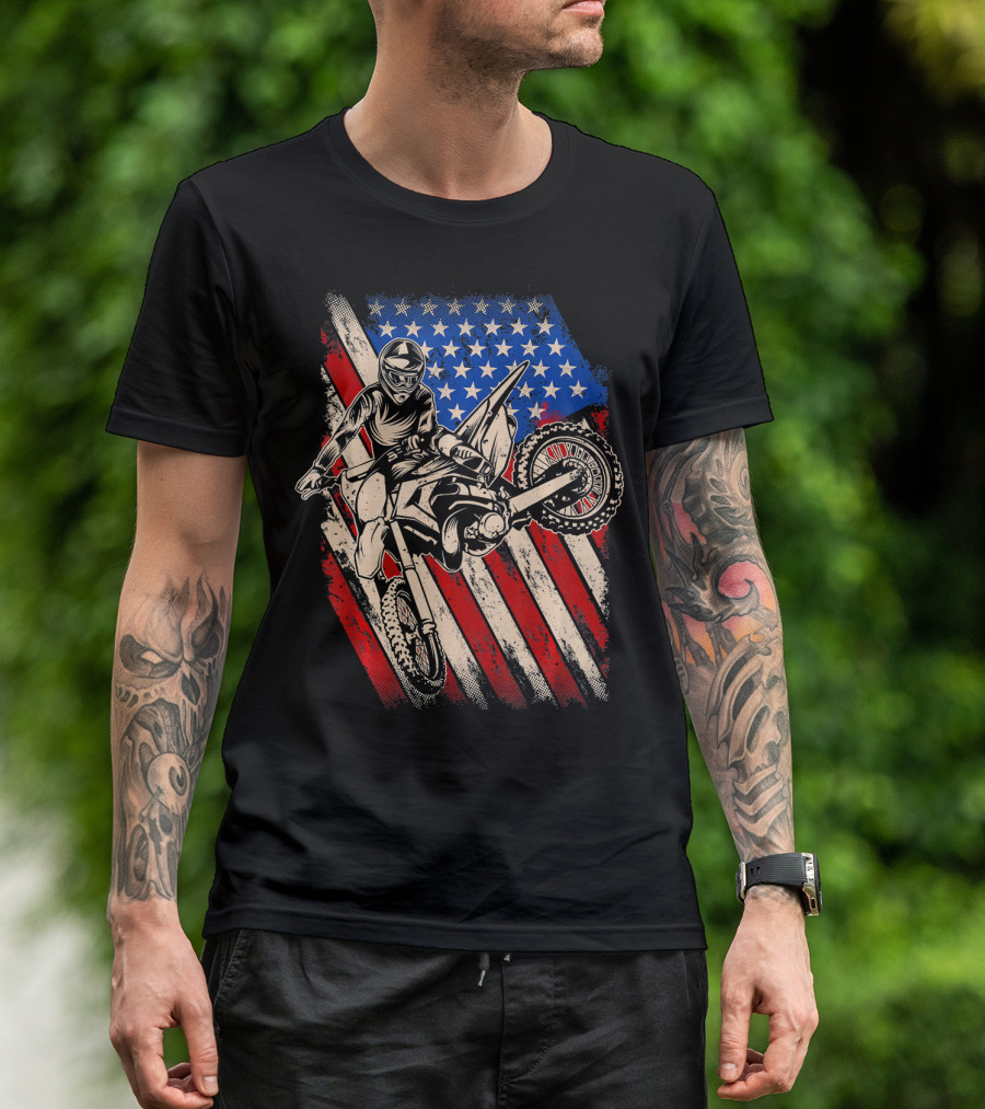Vintage Dirt Bike Motocross With American Flag Background T-Shirt