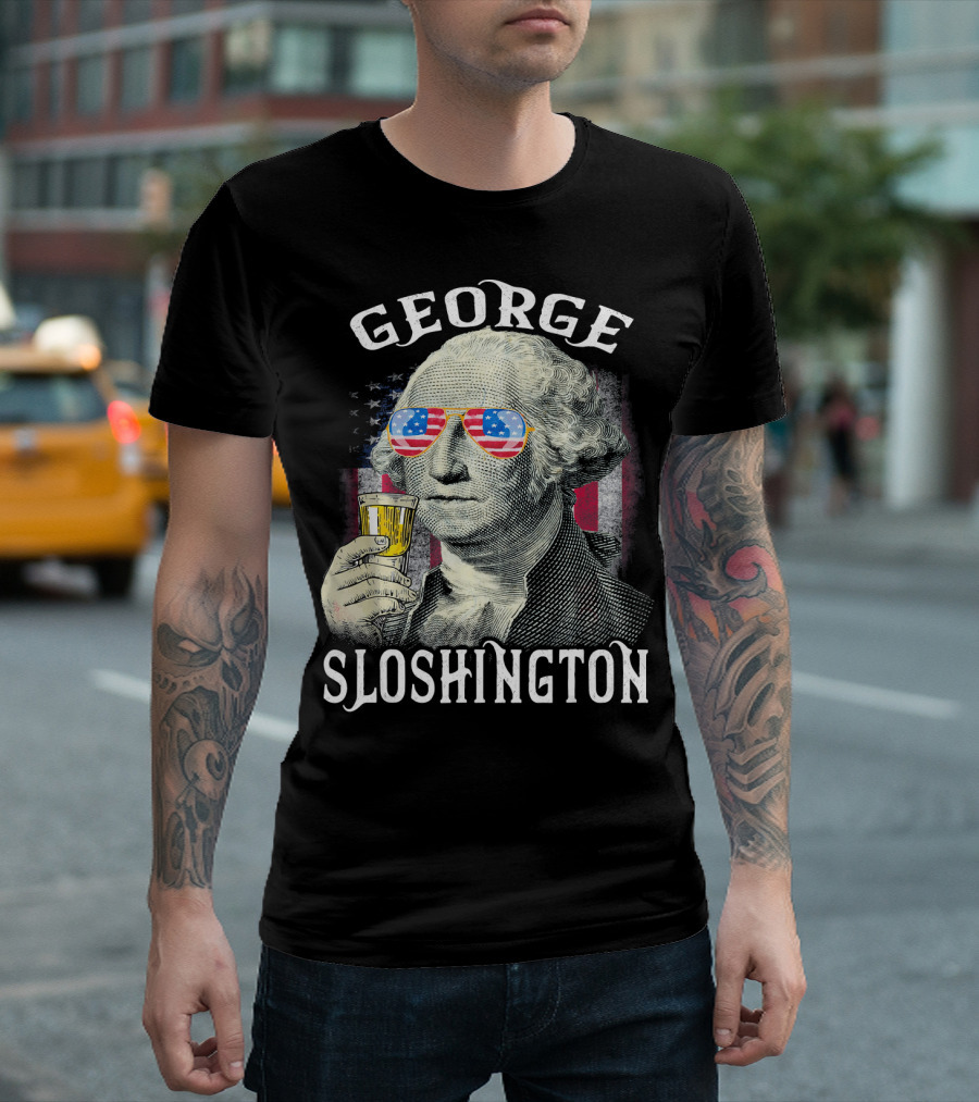 George Sloshington American Flag Sunglasses Beer T-Shirt