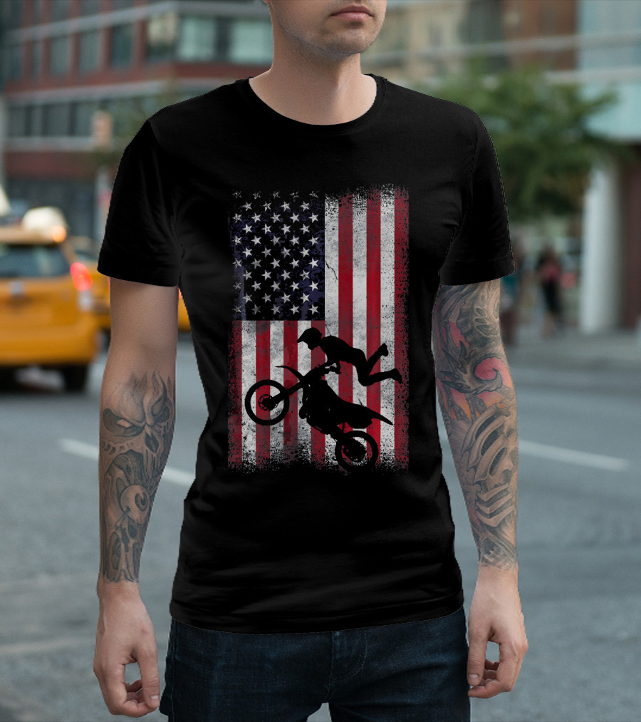 American Flag Motocross Rider Silhouette Patriotic USA T-Shirt
