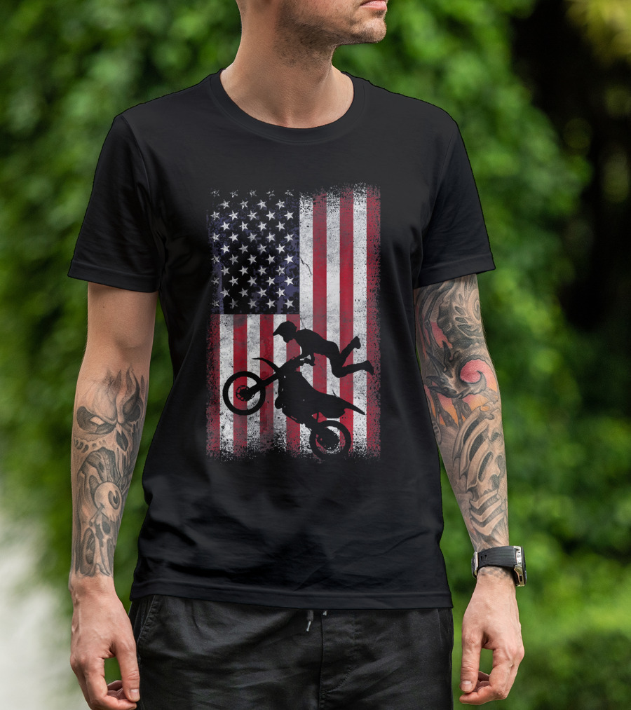 American Flag Motocross Rider Silhouette Patriotic USA T-Shirt