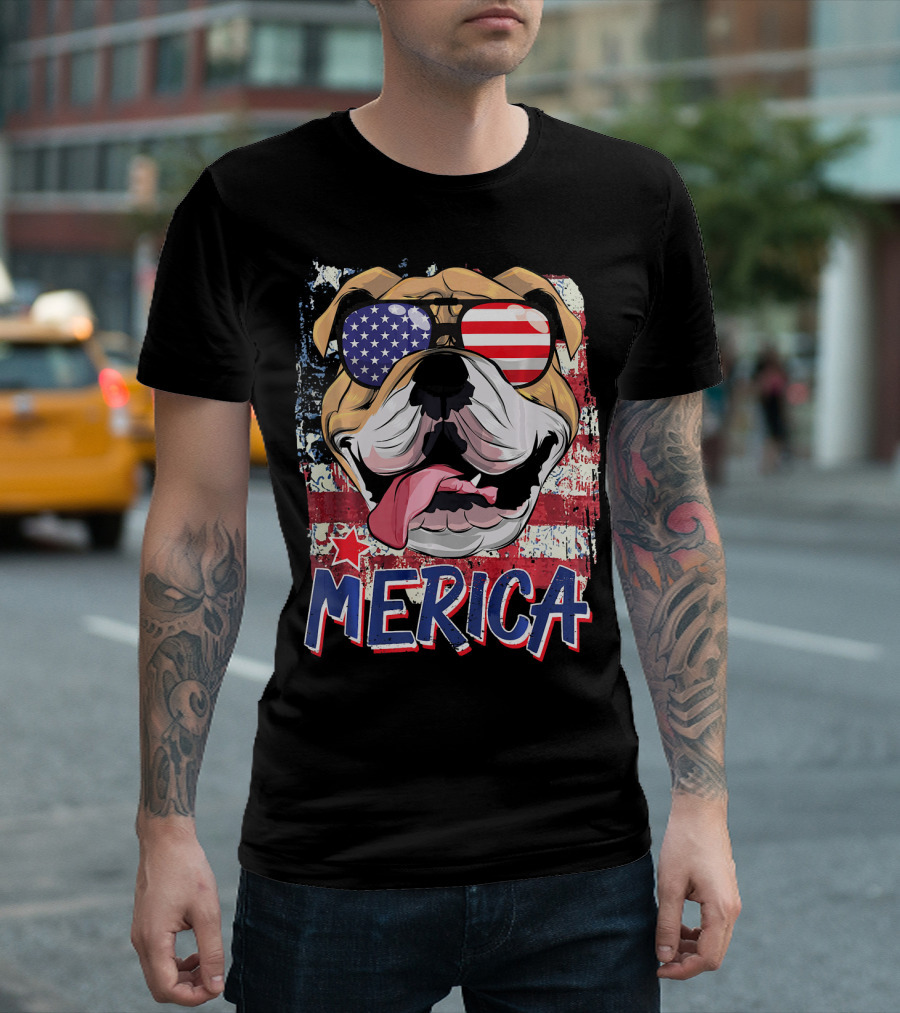 Merica American Flag Sunglasses English Bulldog 4th Of July T-Shirt