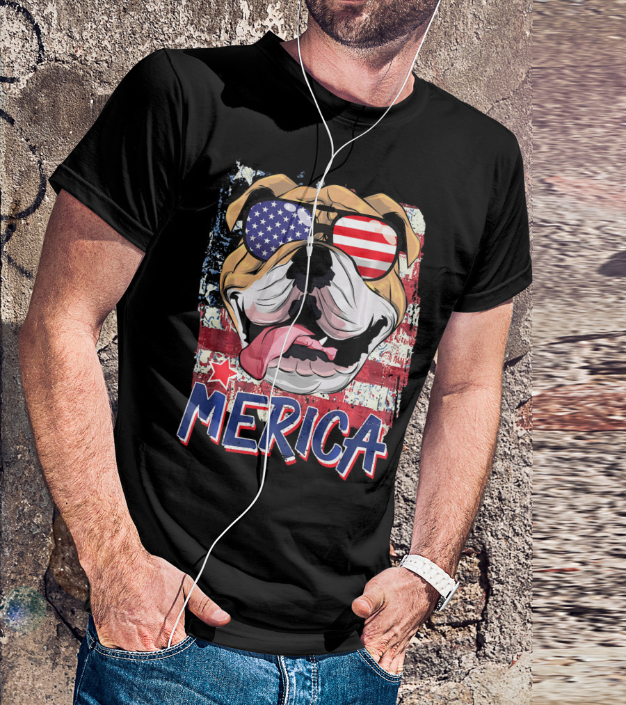 Merica American Flag Sunglasses English Bulldog 4th Of July T-Shirt