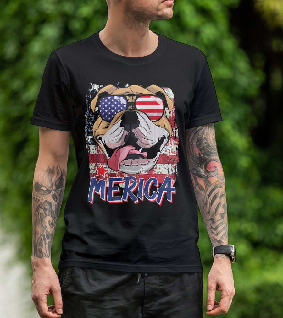 Merica American Flag Sunglasses English Bulldog 4th Of July T-Shirt