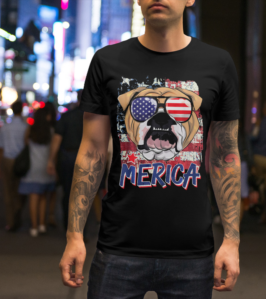 Merica Bulldog With American Flag Sunglasses T-Shirt