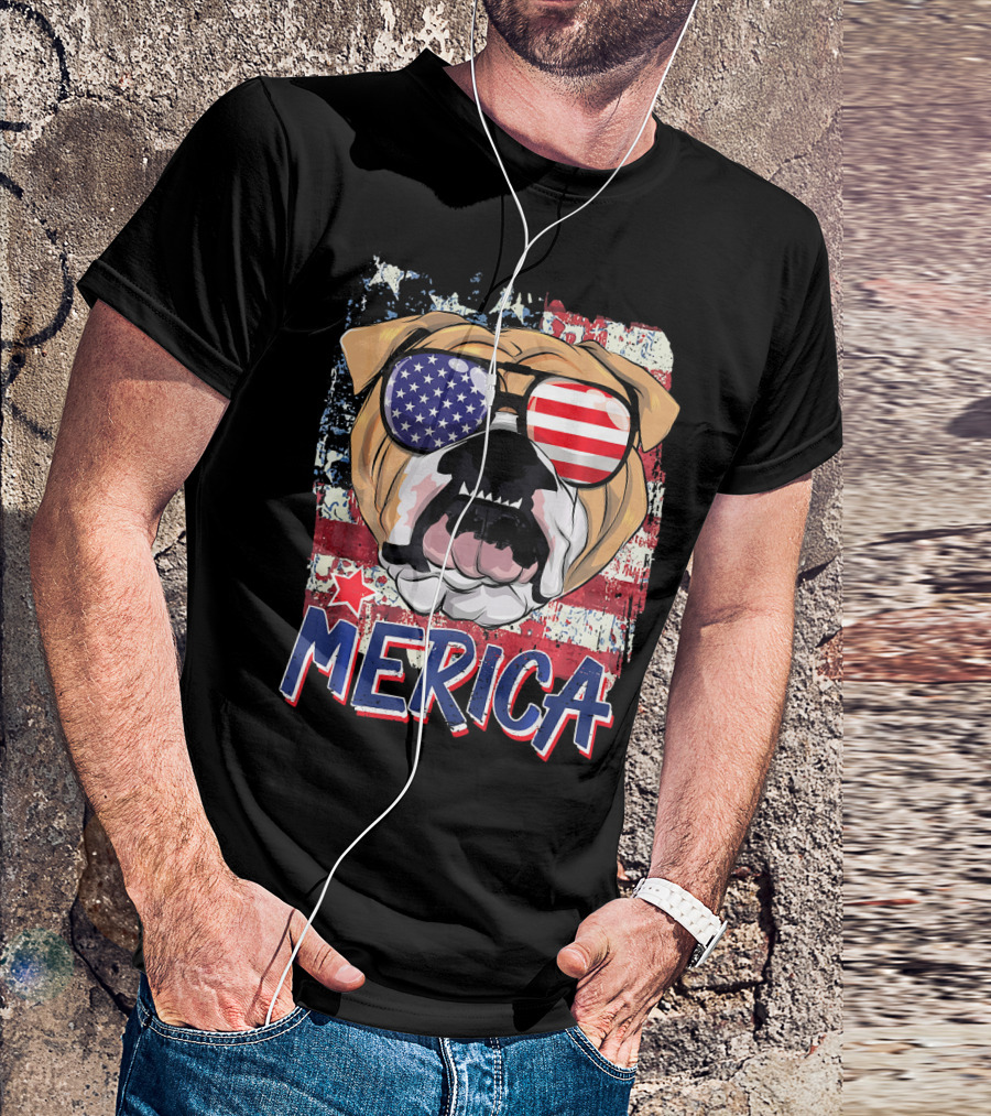Merica Bulldog With American Flag Sunglasses T-Shirt