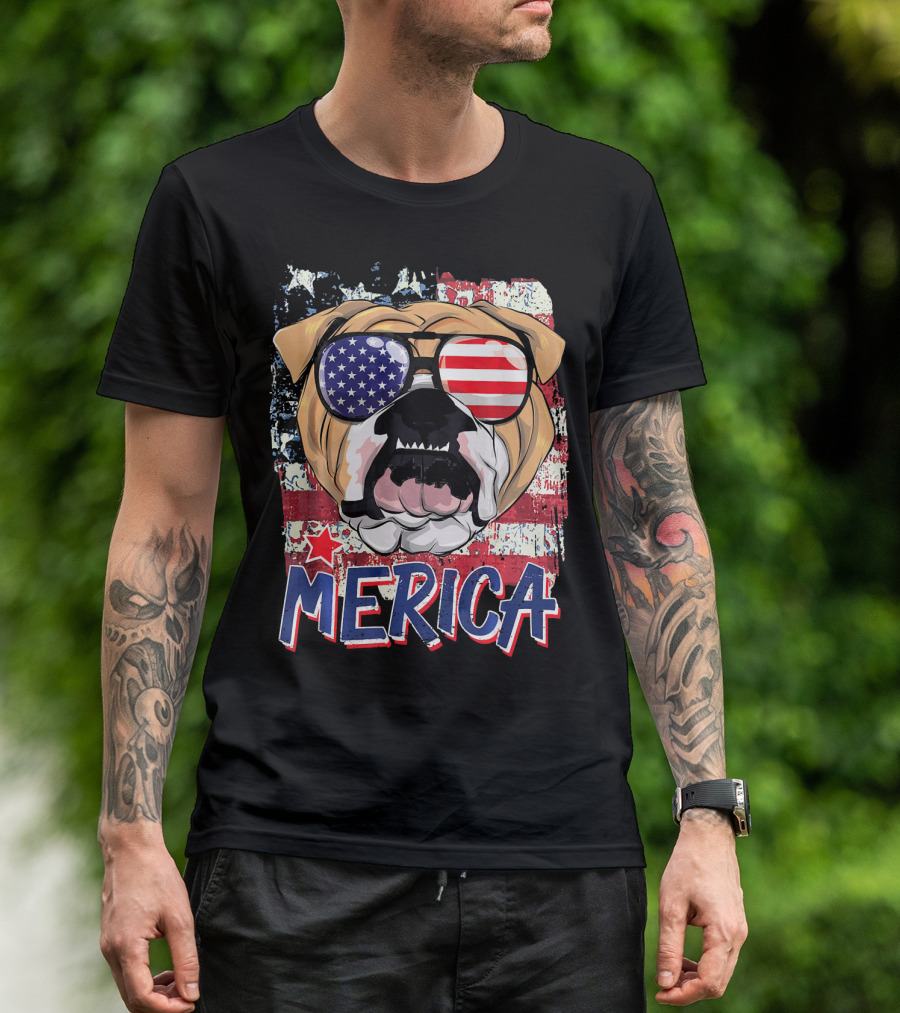 Merica Bulldog With American Flag Sunglasses T-Shirt
