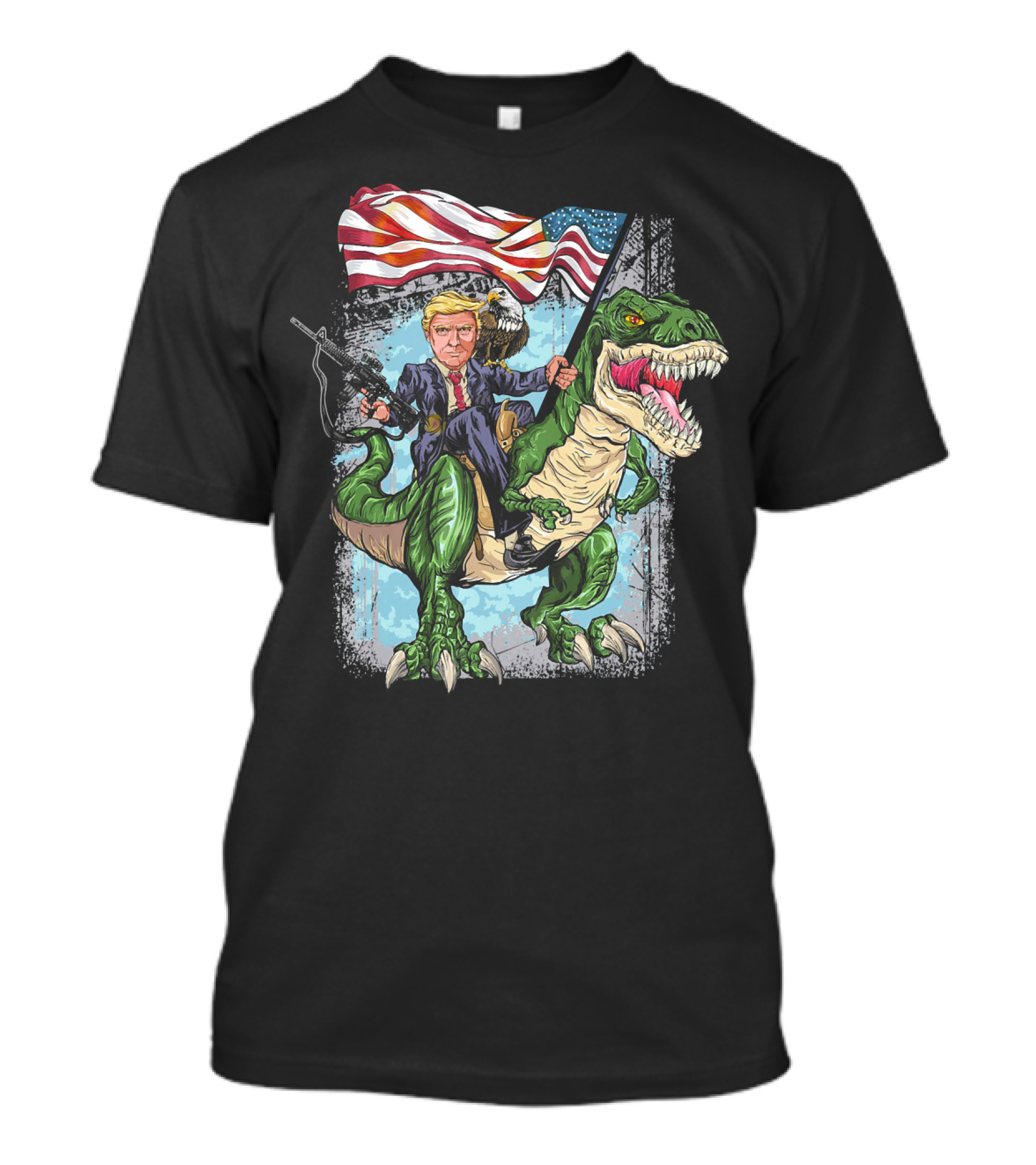 4th Of July Trump Riding T-Rex With American Flag And Bald Eagle T-Shirt