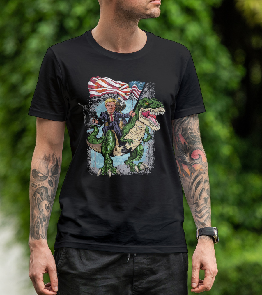 4th Of July Trump Riding T-Rex With American Flag And Bald Eagle T-Shirt
