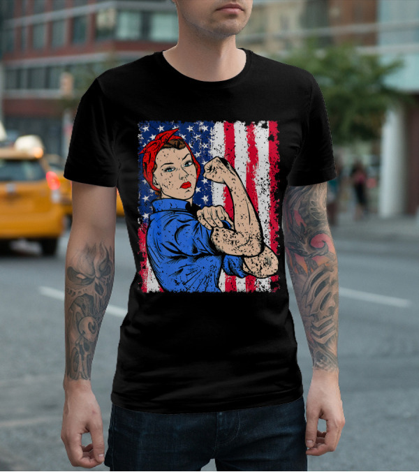 Rosie The Riveter Feminist Patriotic USA American Flag Iconic Empowerment T-Shirt